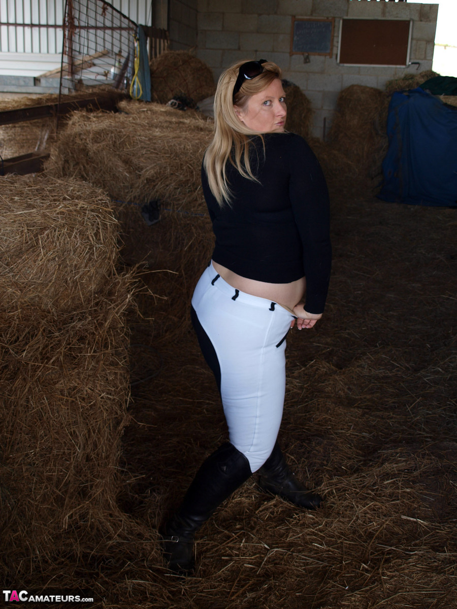 Overweight blonde Samantha exposes herself in a hay room inside of a barn porn photo #426963439