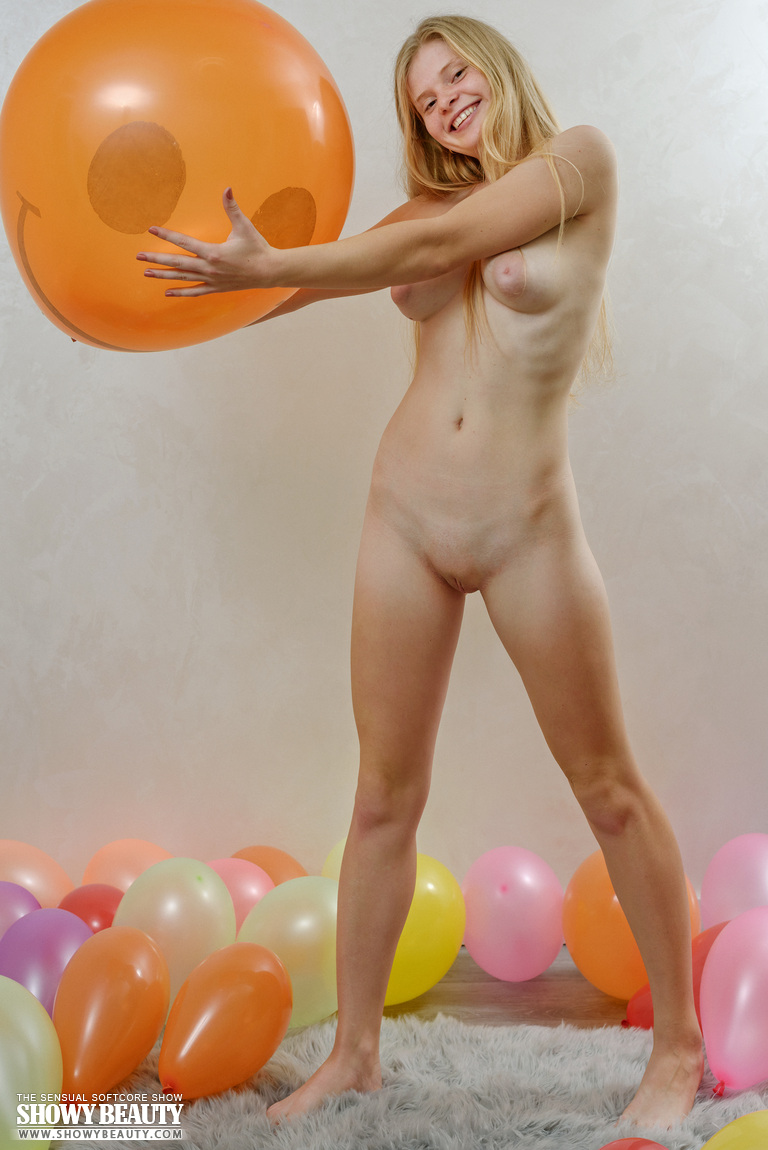 Young looking blonde Agust D holds a balloon during a totally nude session photo porno #427291540