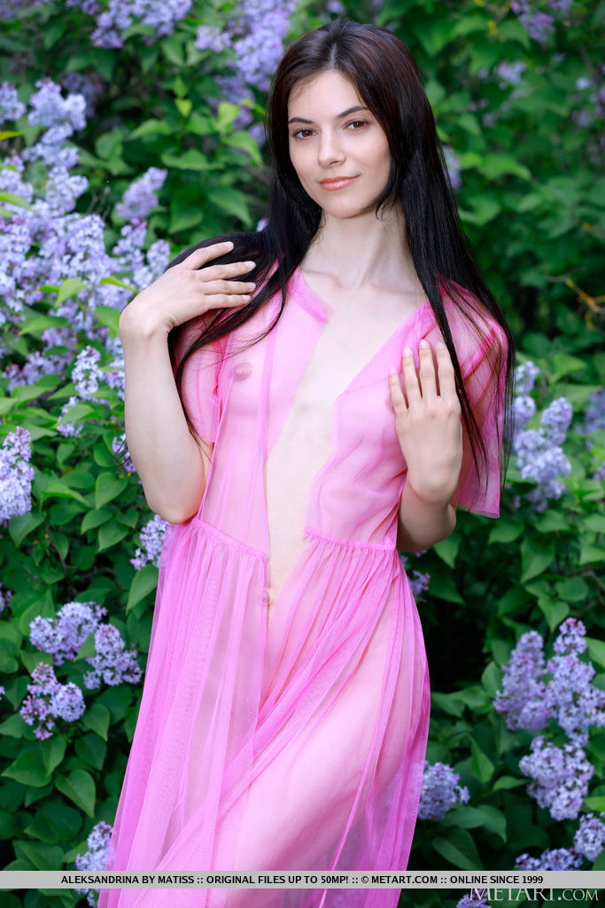 Beautiful brunette Aleksandrina gets bare naked in front of a blooming shrub porn photo #424496459