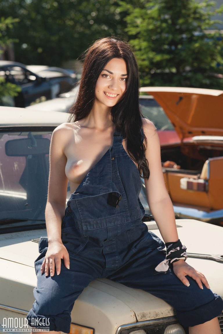 Beautiful girl Annasia ditches overalls to pose nude on a wrecked auto foto porno #427227096