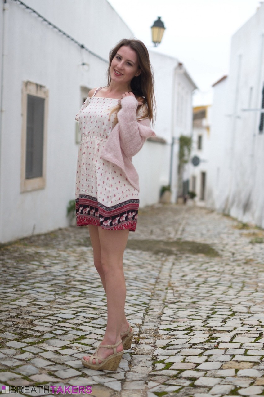 British model Scarlot Rose exposes her upskirt panties on a cobblestone street porno foto #425398704