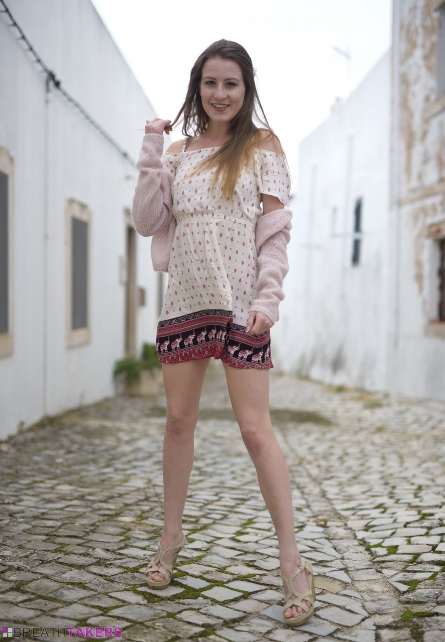British model Scarlot Rose exposes her upskirt panties on a cobblestone street foto porno #425398707
