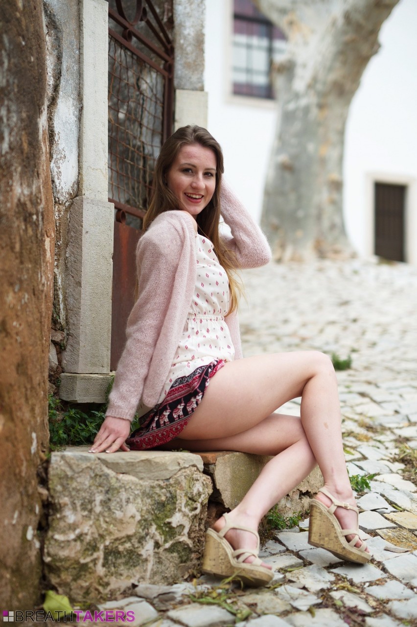 British model Scarlot Rose exposes her upskirt panties on a cobblestone street foto porno #424762545