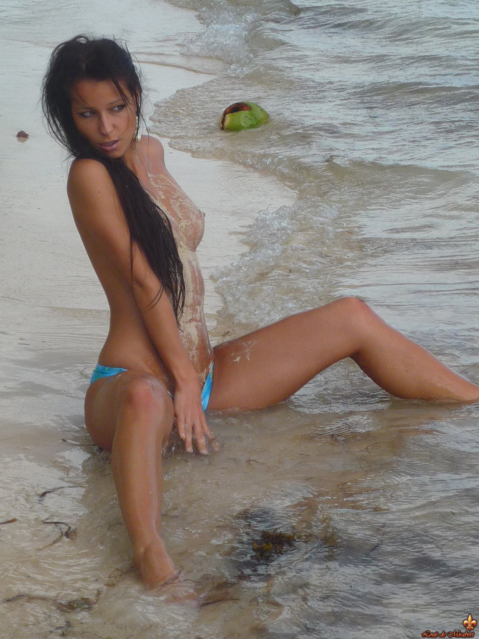 Beautiful girls work free of their swimwear while modeling on a tropical beach zdjęcie porno #424108096