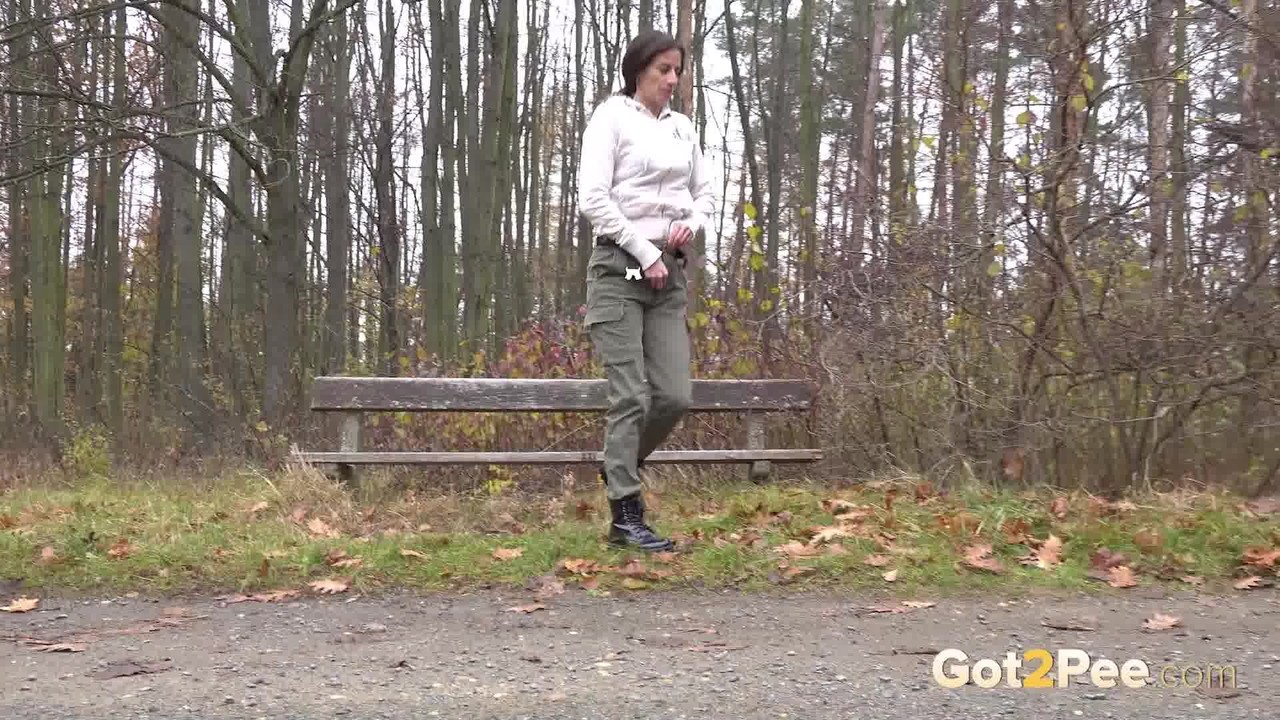 Caucasian girl Ali Bordeaux takes an urgent piss on a bench in the woods porn photo #426390968