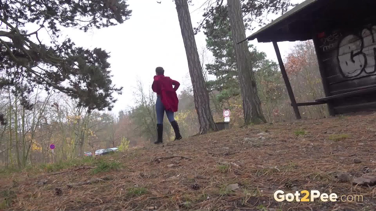 Caucasian girl Lora takes a piss near a warming shack in the woods foto porno #426921493