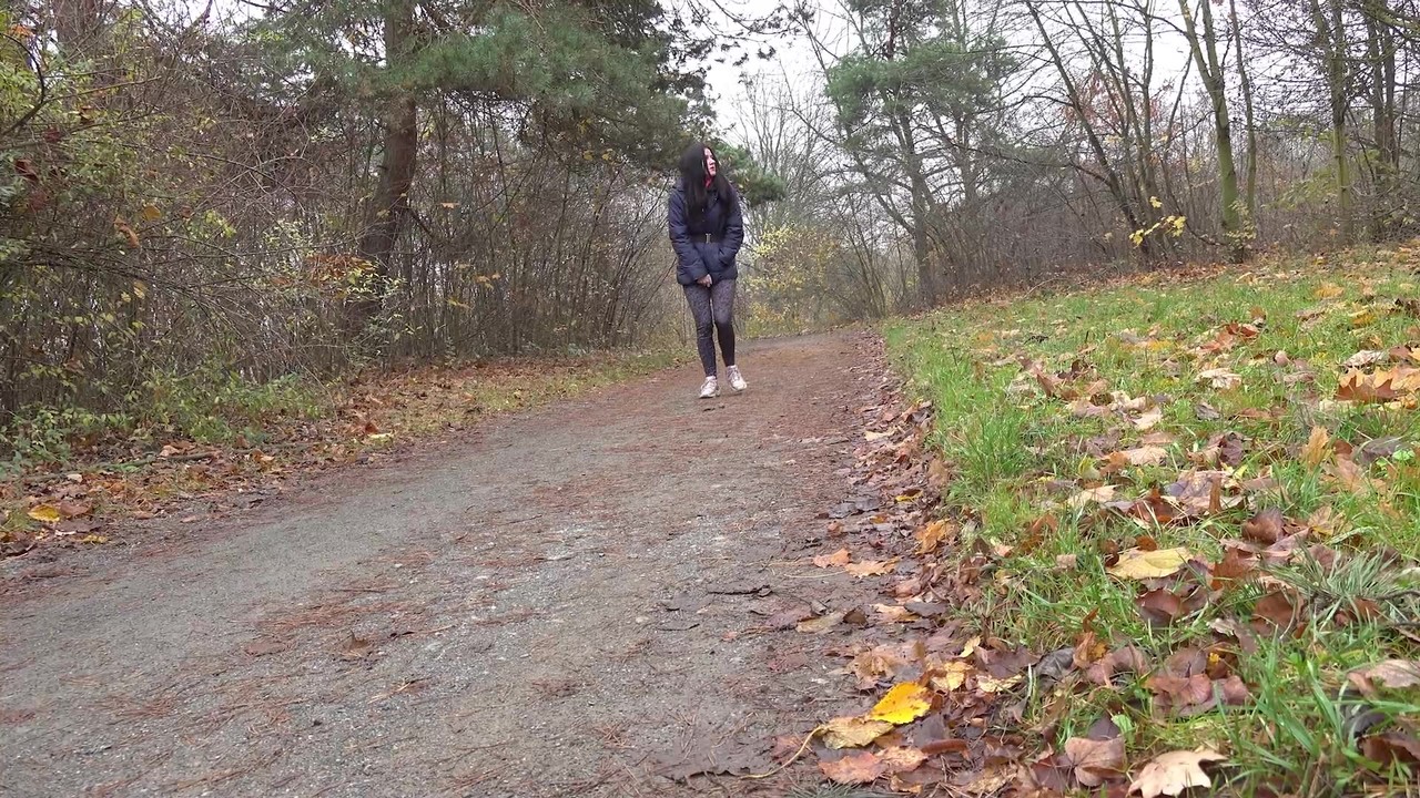 Brunette chick Helen takes a piss on a gravel path during a walk in the woods ポルノ写真 #428869319