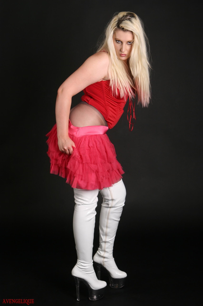 Blonde female Avengelique takes off her skirt while wearing sheer pantyhose porno fotoğrafı #428180191