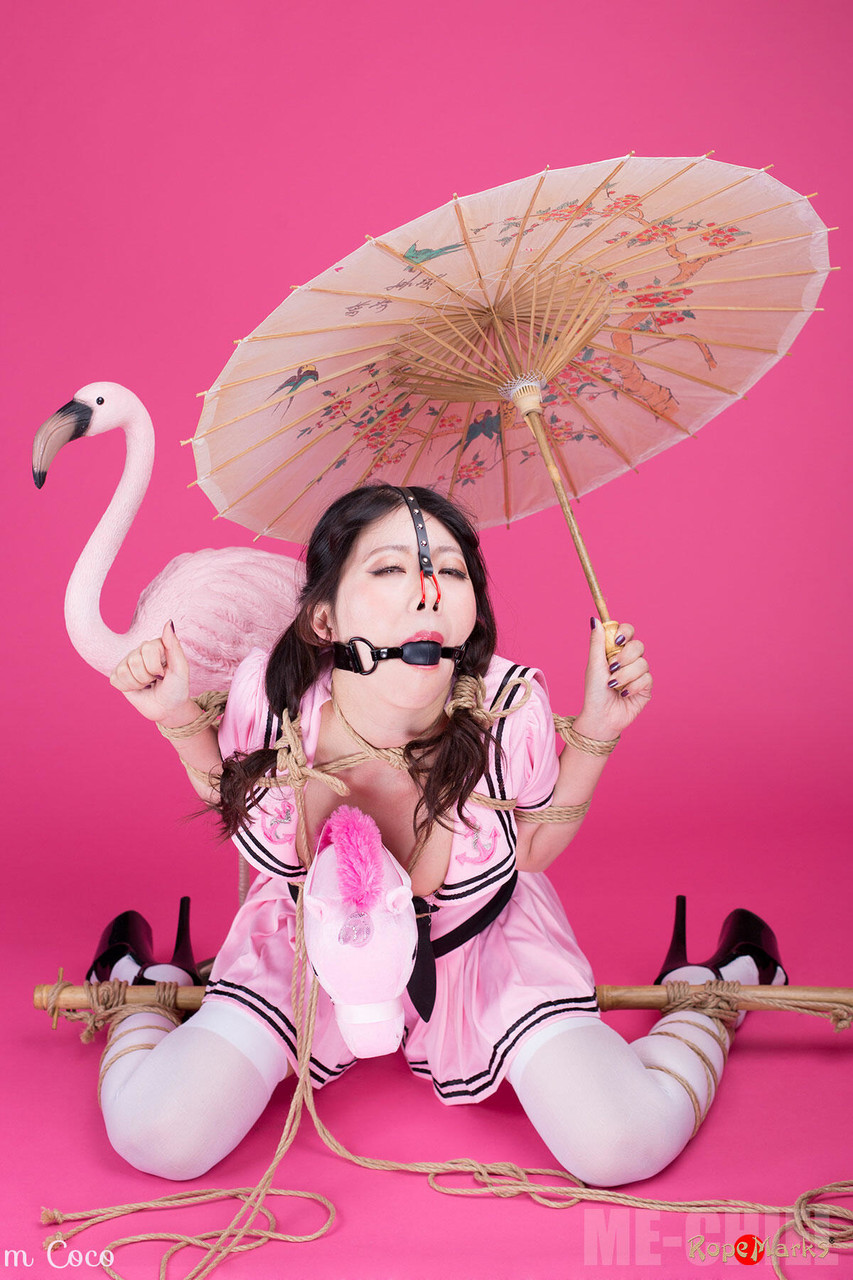 Asian solo girl Coco holds a parasol after being bound and ball gagged foto porno #426779265