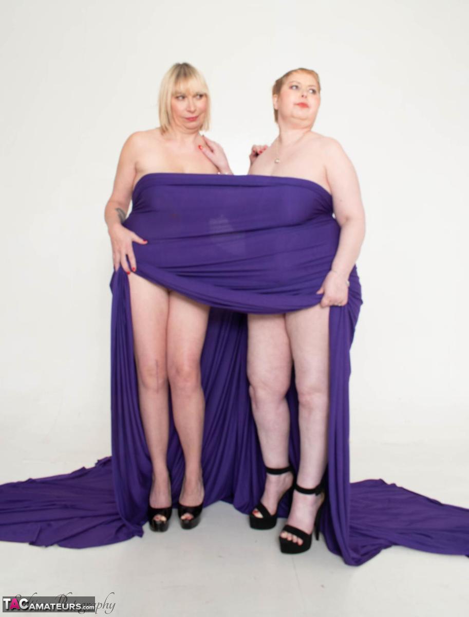 Fat amateur Posh Sophia & her nude girlfriend get wrapped in a swath of fabric porn photo #428824421