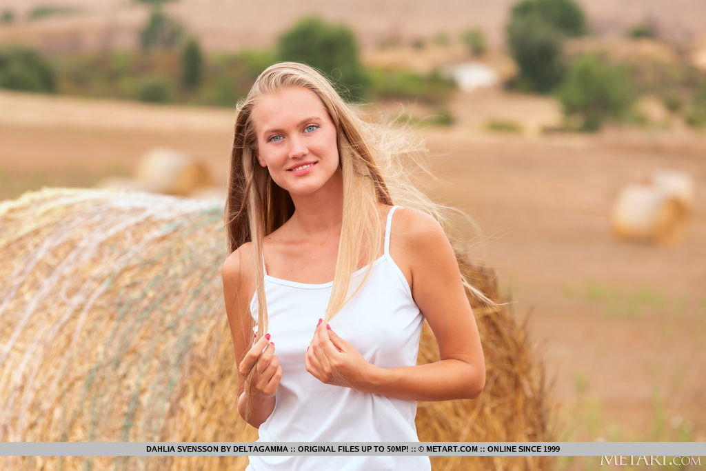 Stunning new model Dahlia Svensson divests her white tank top and denim shorts foto pornográfica #424038770