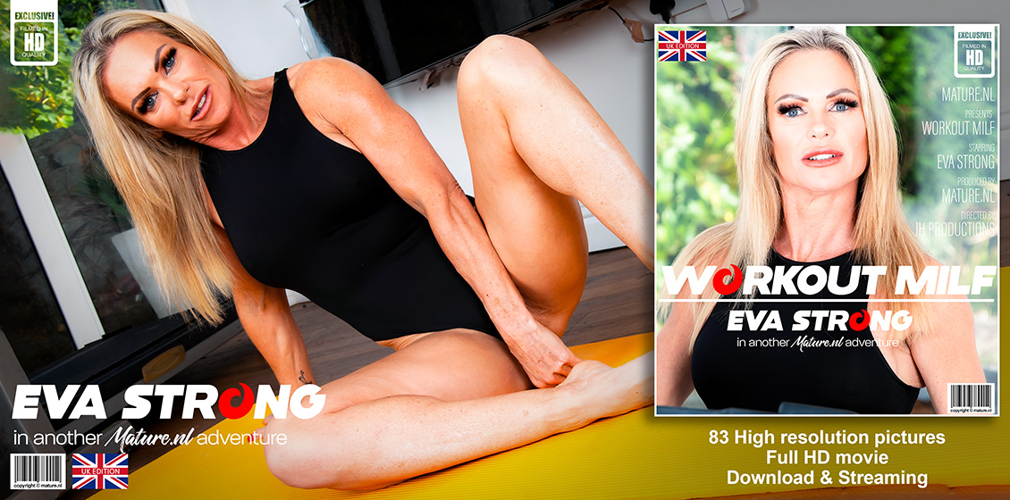 Athletic older blonde Eva Strong masturbates with a vibrator on a yoga mat porn photo #426651899