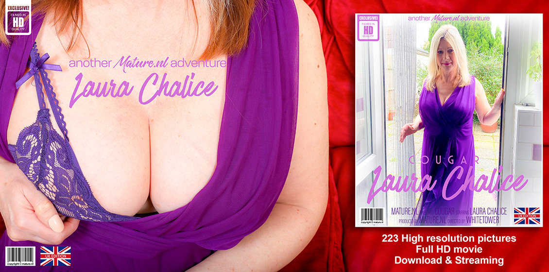 Mature blonde Laura Chalice doffs a long dress before fondling her tits & twat porn photo #424131036