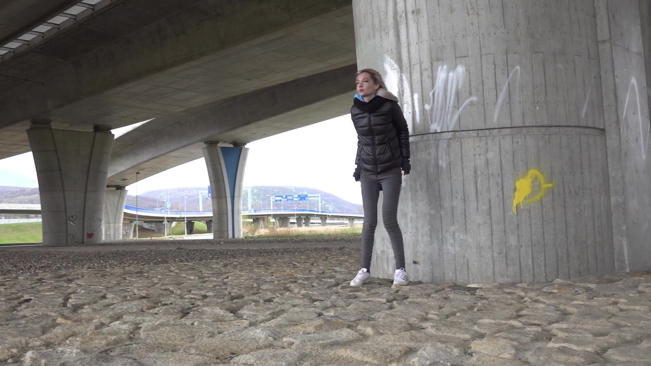 Short taken blonde squats for a piss underneath an overpass on a chilly day photo porno #428766784