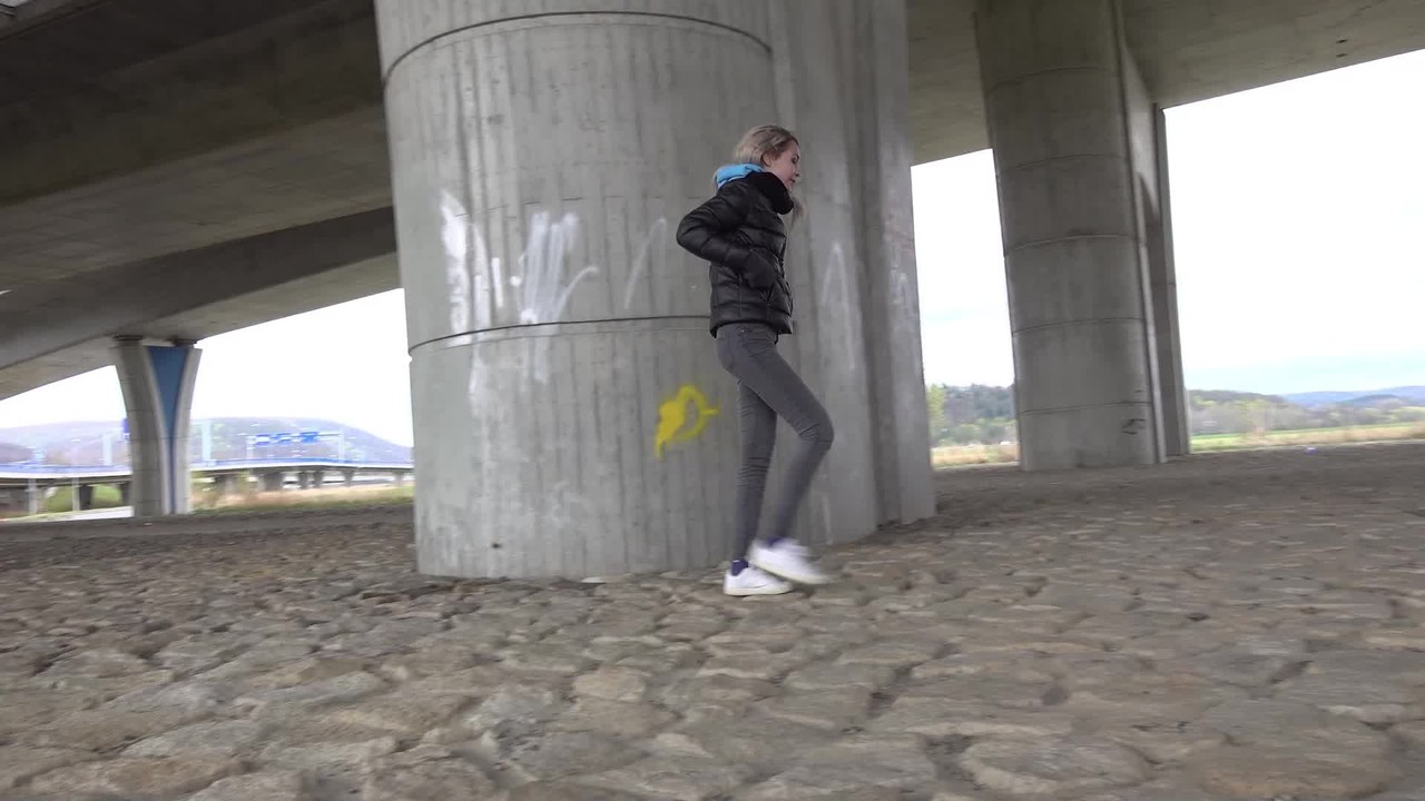Short taken blonde squats for a piss underneath an overpass on a chilly day foto porno #428576234