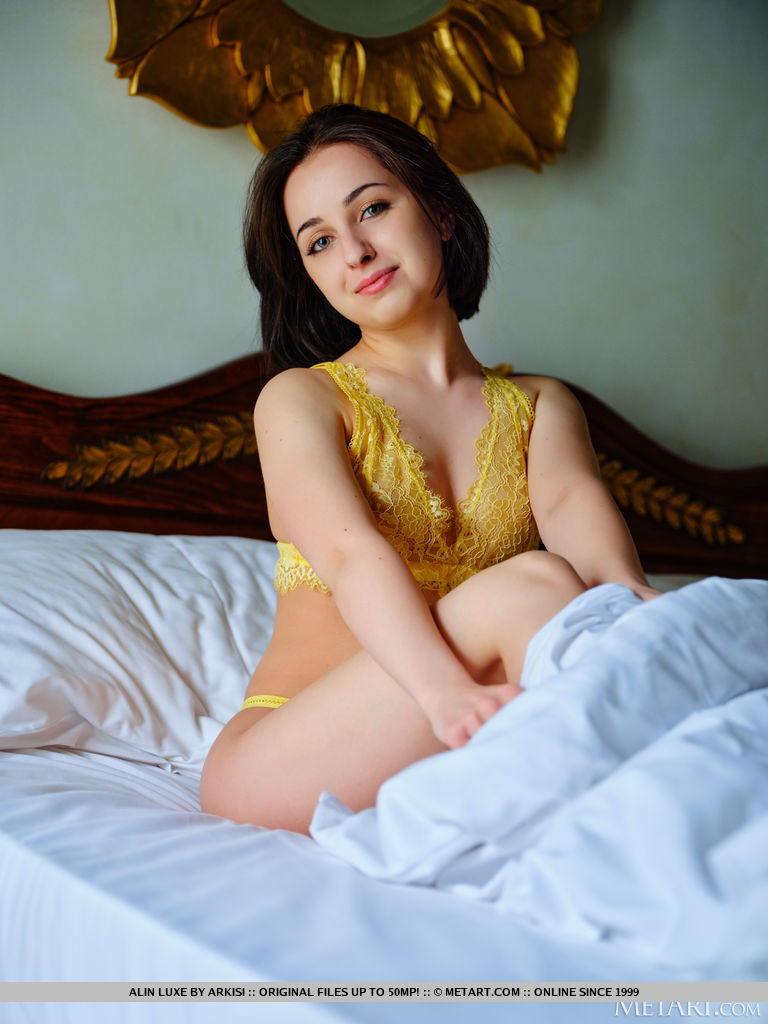 Gorgeous new model Alin Luxe charmingly pulls her yellow lace lingerie and porn photo #427477505