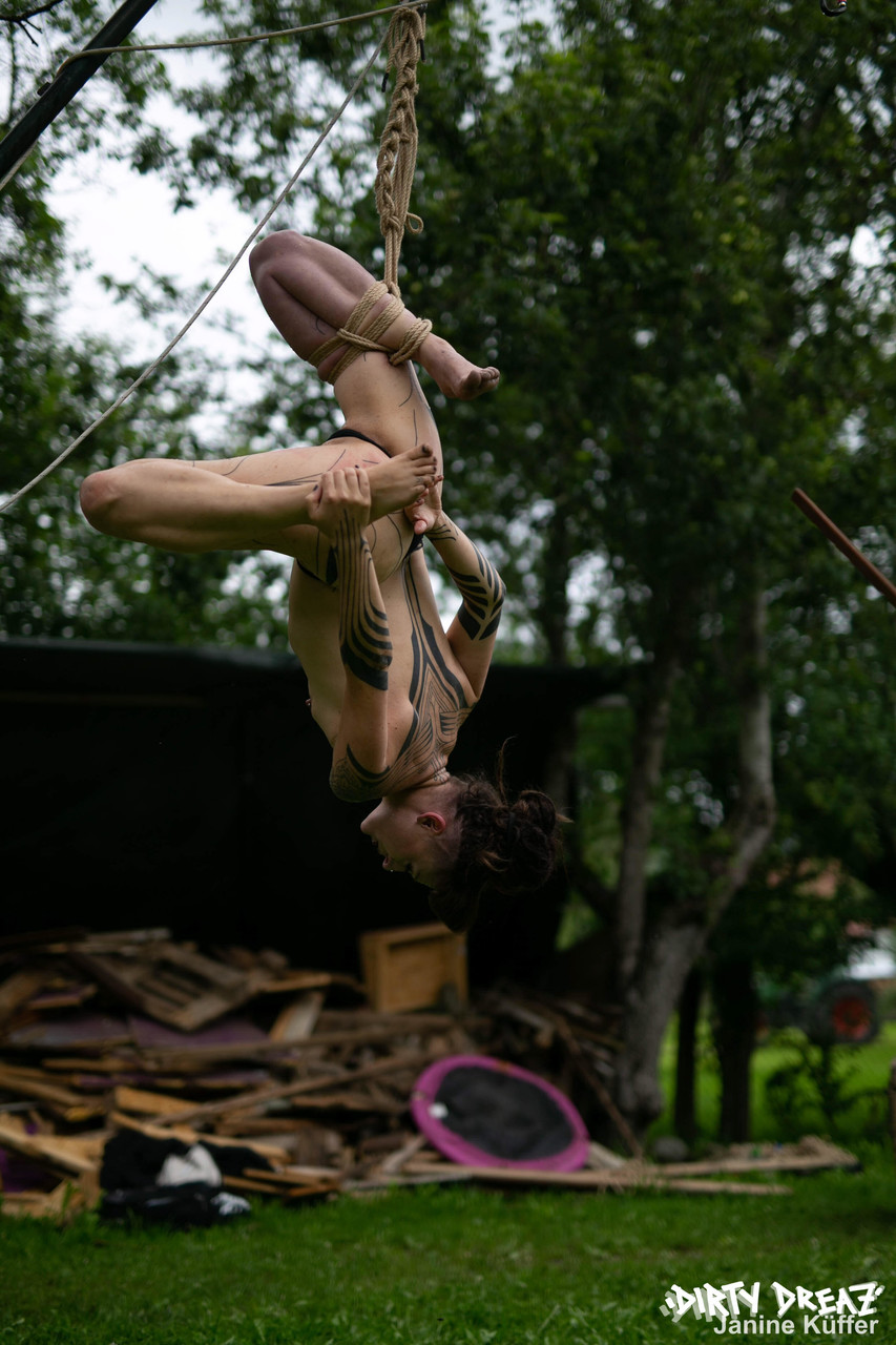 Naked Girls Are Suspended From A Backyard Tree With Block And Tackle