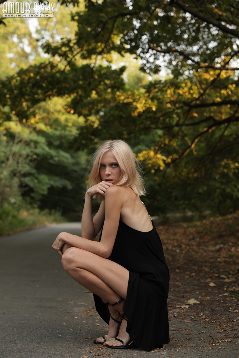 Skinny Blonde Teen Nora Doffs A Little Black Dress To Get Naked Outdoors