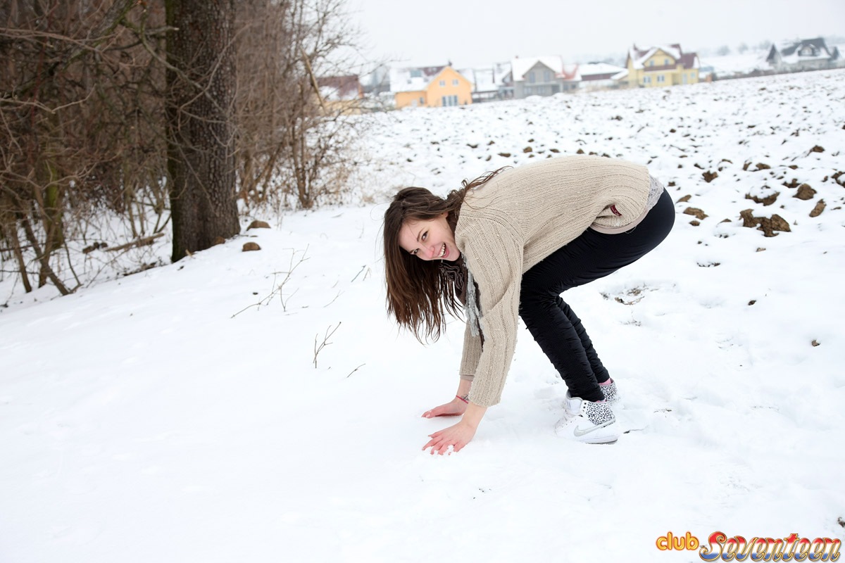 Barely legal girl plays in the snow before sex indoors in the bathroom porn photo #424948686
