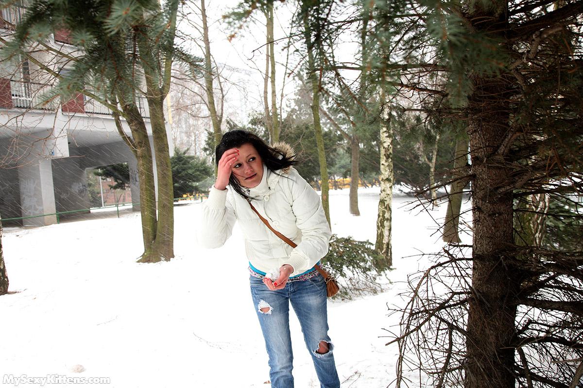 Brunette teen takes an external cumshot after being picked up walking in snow porn photo #429120595