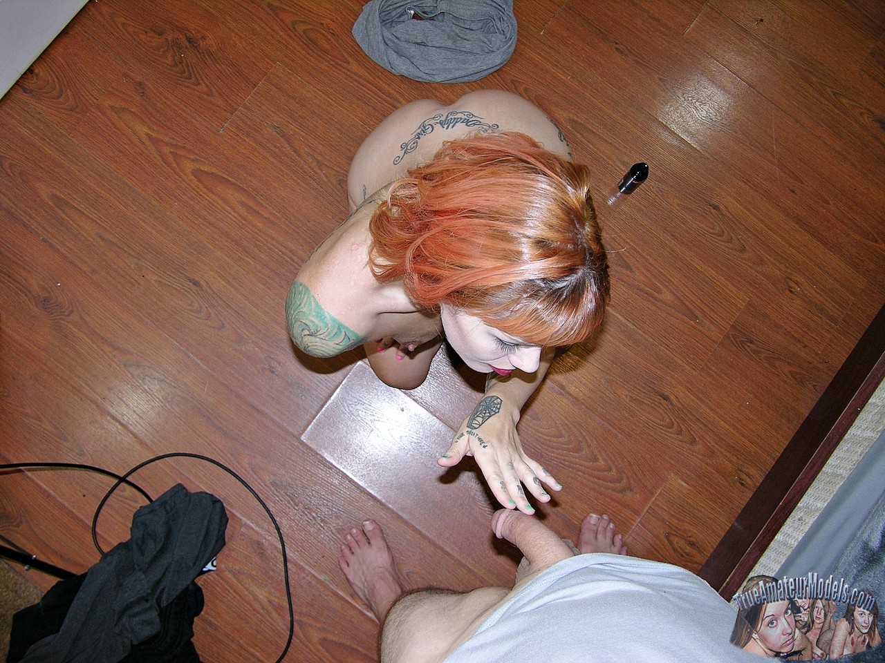 Tattooed Metalhead Chick Down On Her Knees Stroking On A Hard Penis And photo porno #429096463