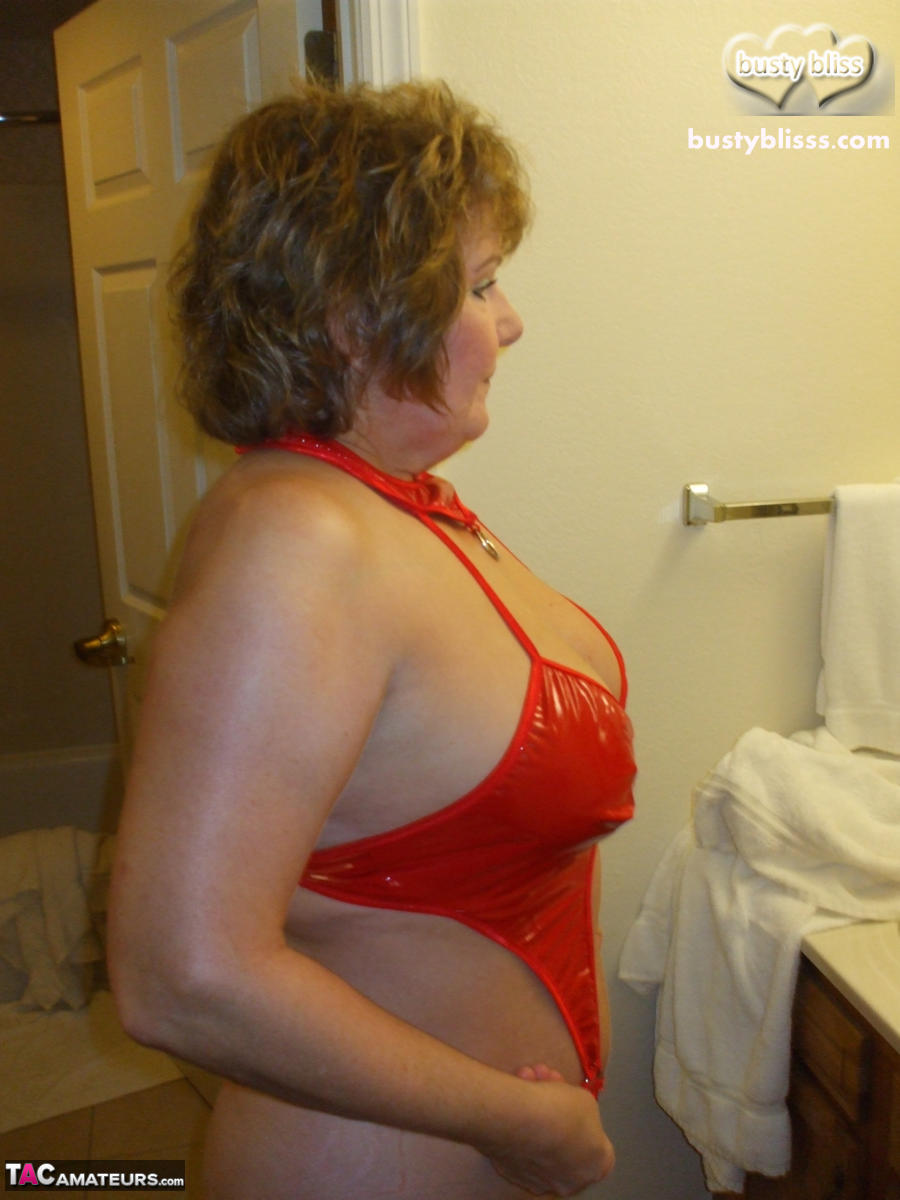 Chubby Older Lady Busty Bliss Takes A Cumshot On Her Tits In Red Lingerie