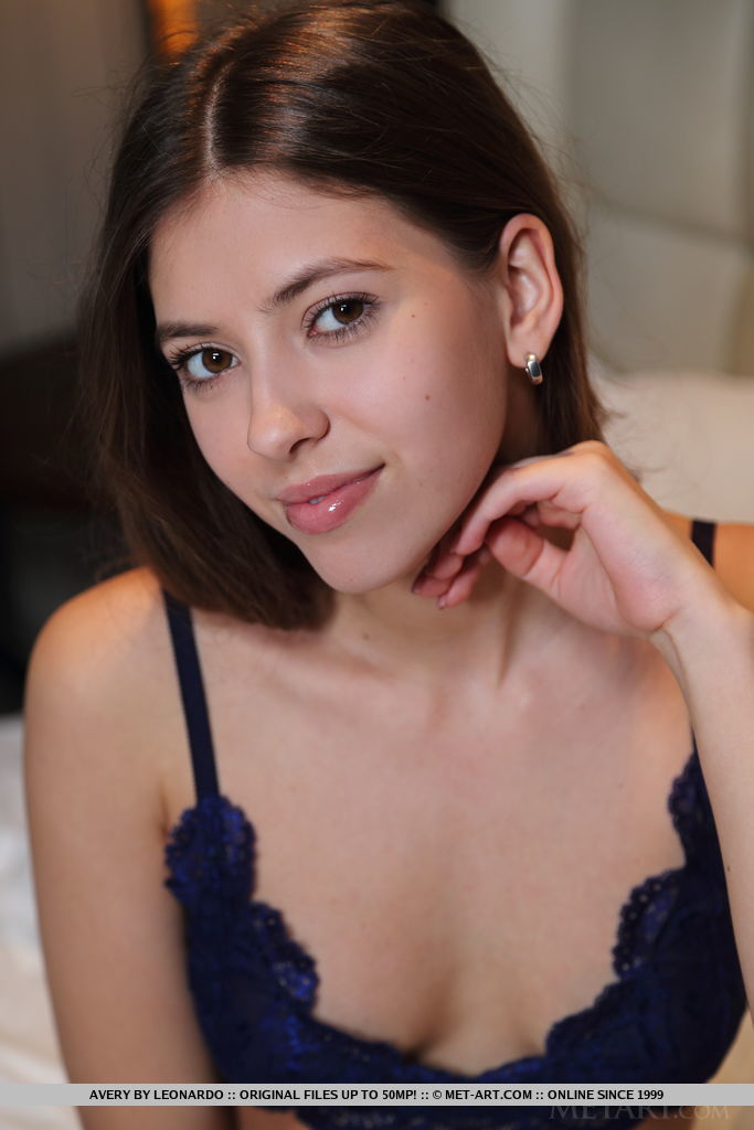 Gorgeous Brunette Teen Avery Discards Her Lingerie To Go Nude On A Bed