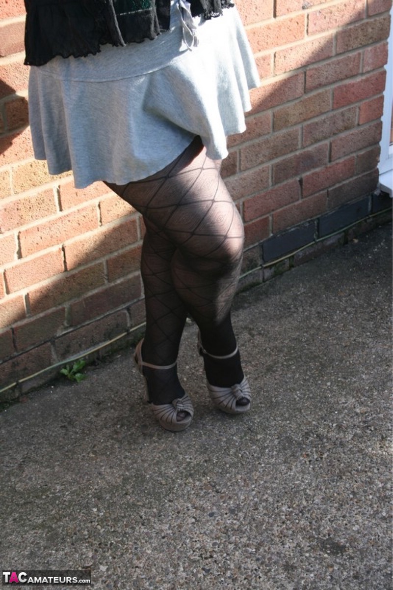 Older Uk Fatty Kinky Carol Strips To Lingerie And Pantyhose Outside Her House