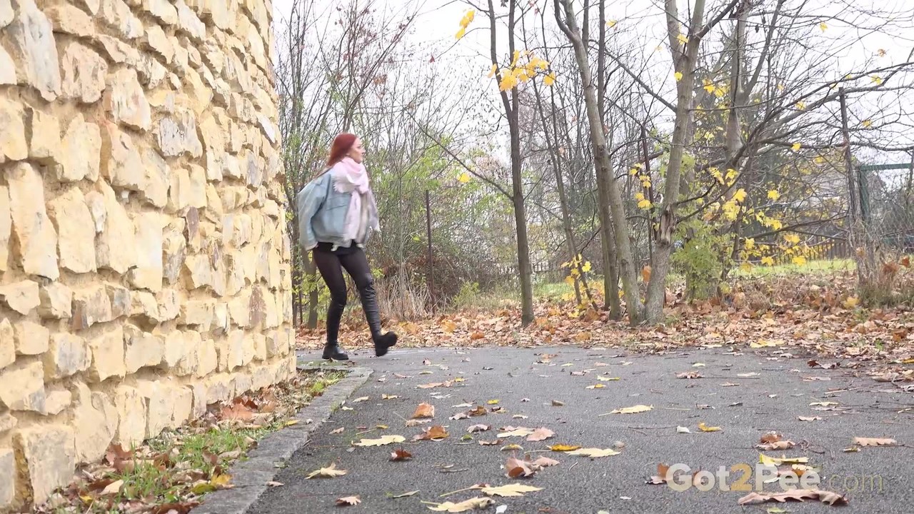 Pale Redhead Katy Rose Gets Caught Taking A Pee On Leaves During The Day