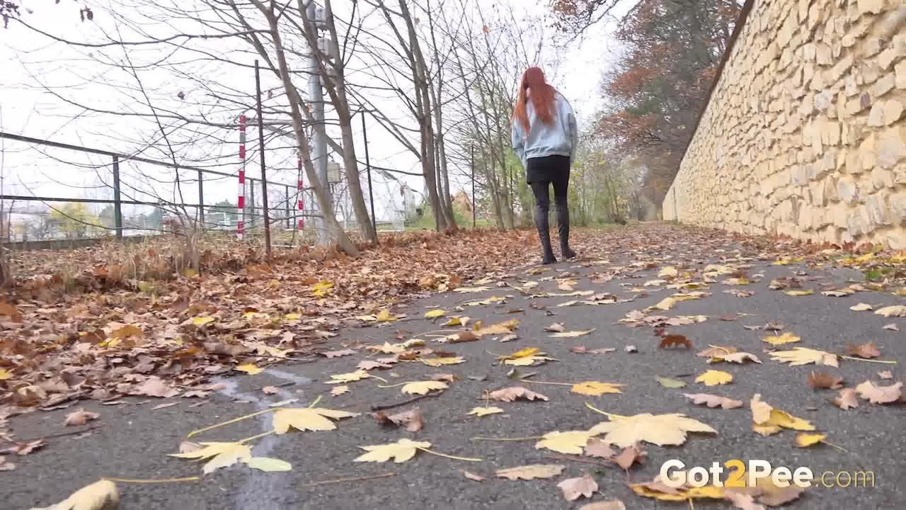 Pale Redhead Katy Rose Gets Caught Taking A Pee On Leaves During The Day