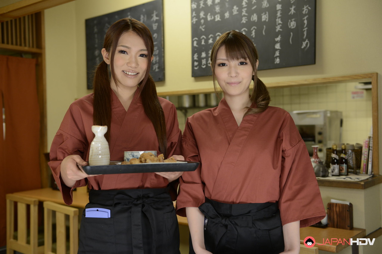 Japanese Waitresses Kyoka Makimura And Sakura Aoi Go Topless At Work