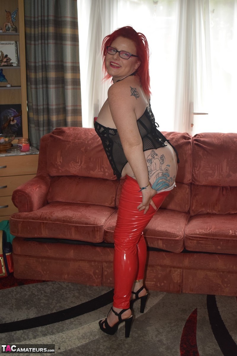 Uk Redhead Mollie Fo Pulls Down Red Latex Pants During Solo Action