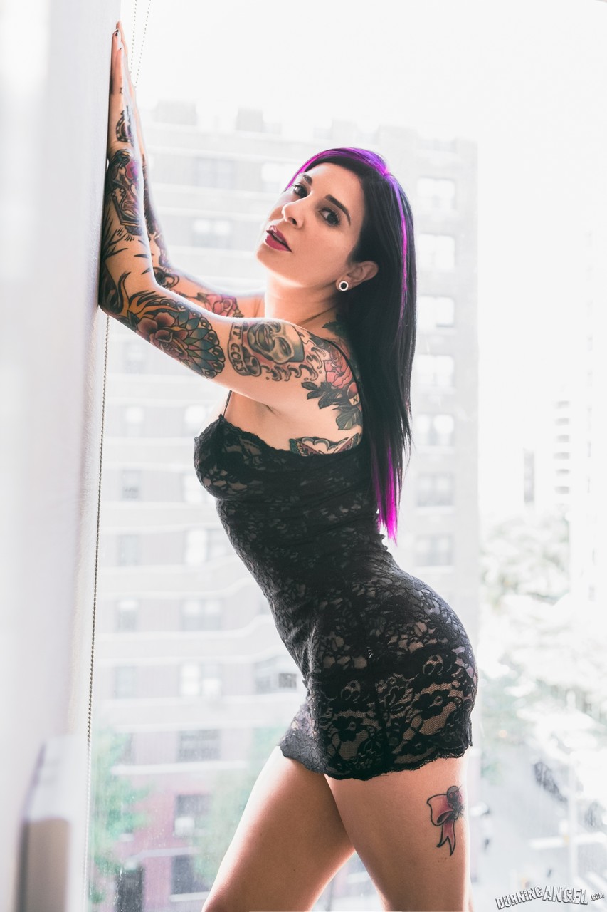 Ink queen Joanna Angel sheds lingerie for nude poses in condo windowsill porn photo #426736413