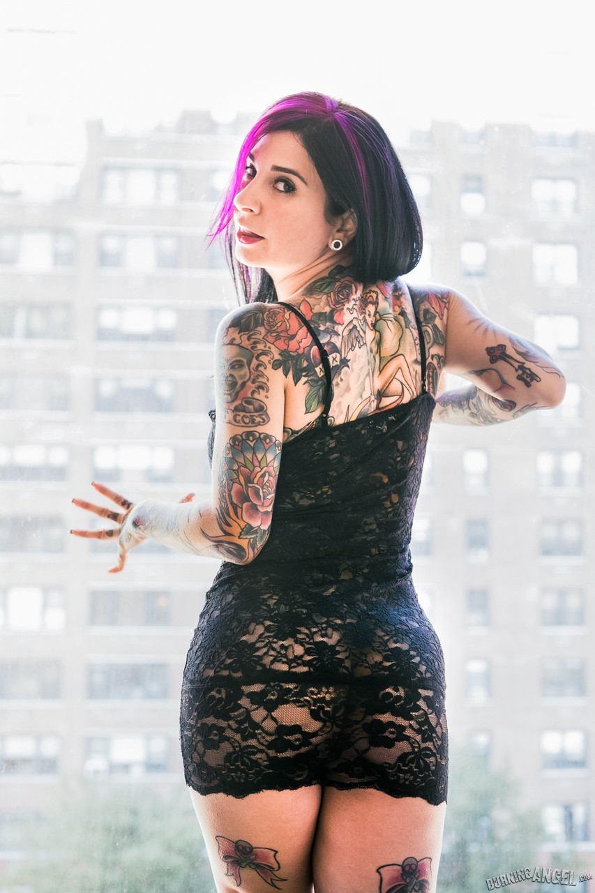 Ink queen Joanna Angel sheds lingerie for nude poses in condo windowsill porn photo #426736417
