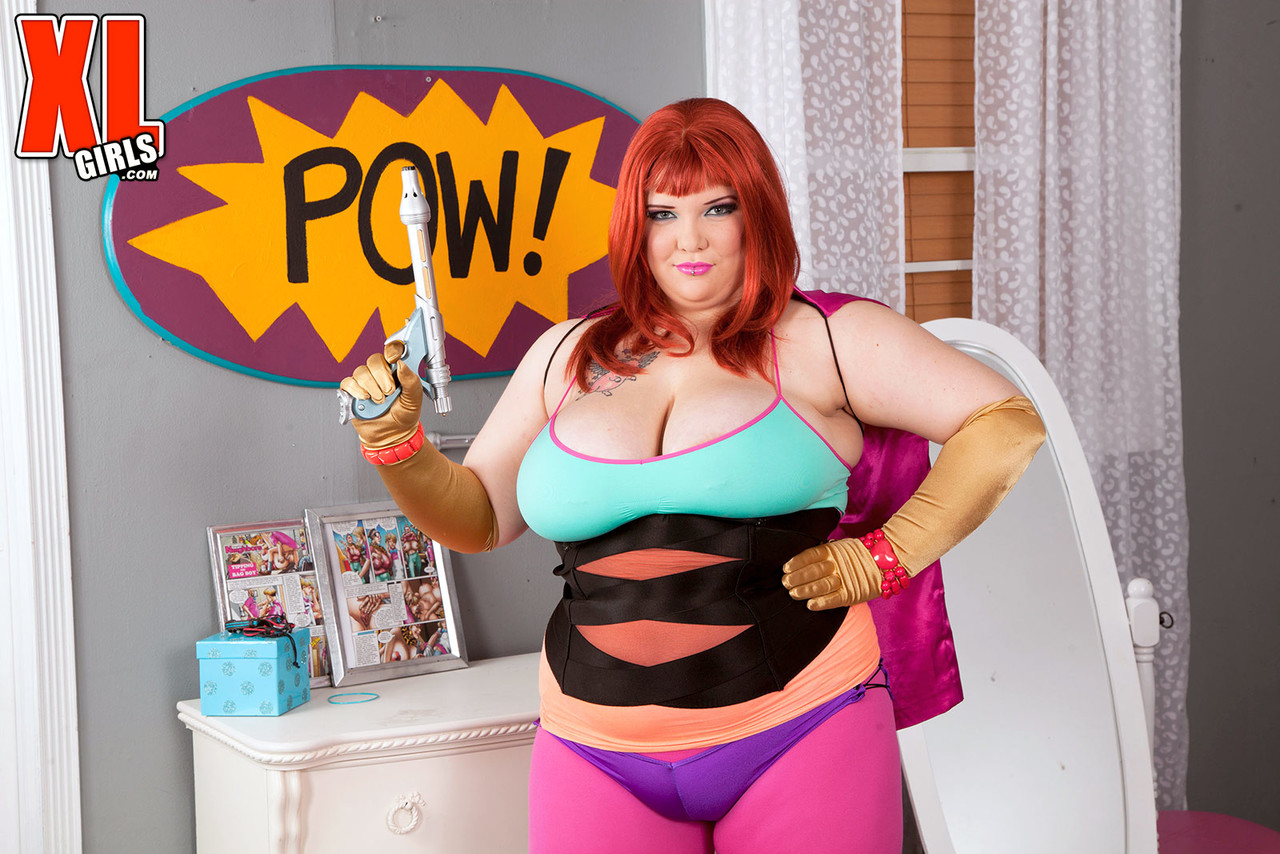 Redheaded fatty Kitty Mcpherson releases her large boobs from cosplay attire zdjęcie porno #426784894