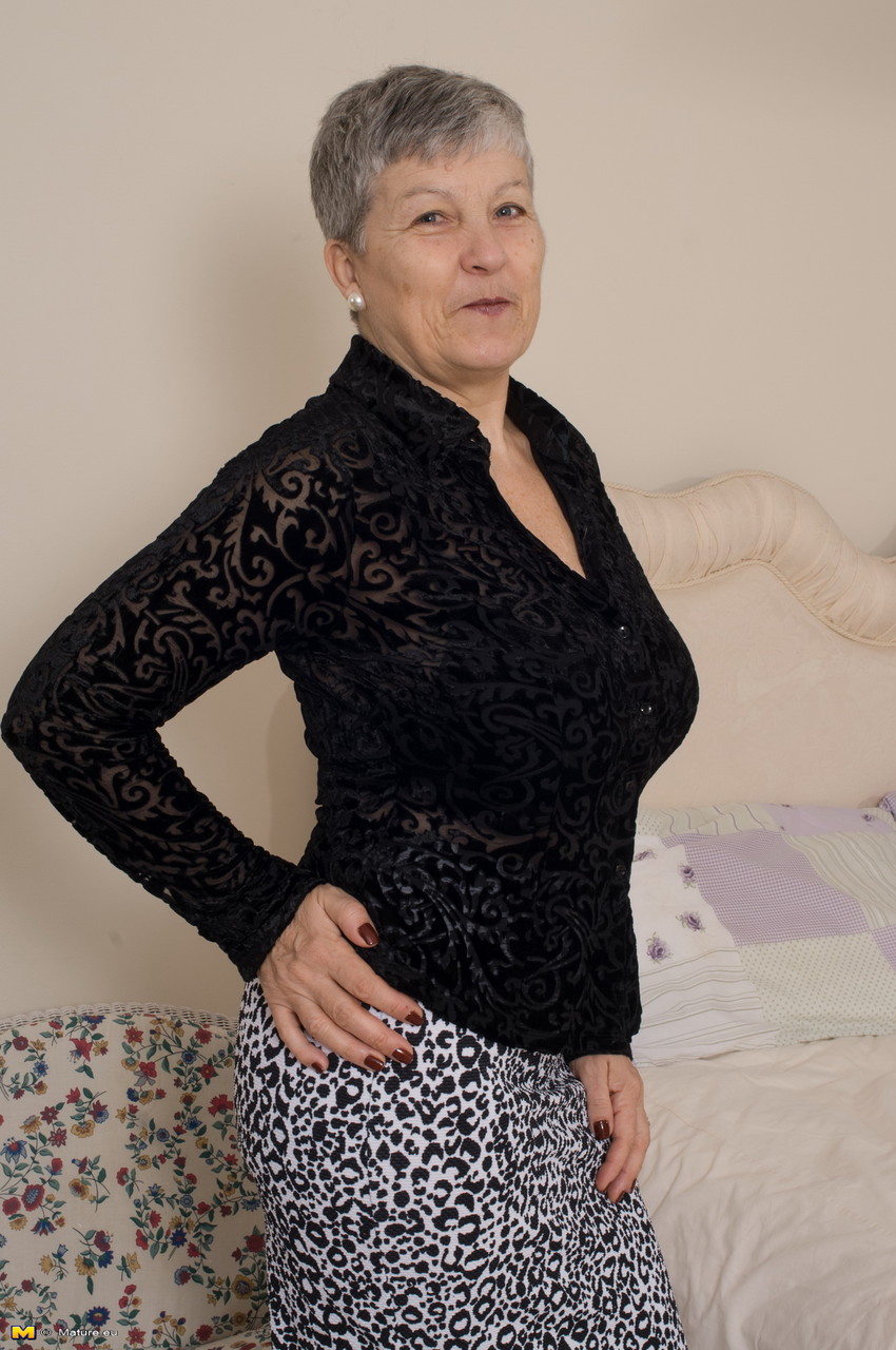 Grey haired gran from the UK strips to her silk underwear and nylons porn photo #428544785