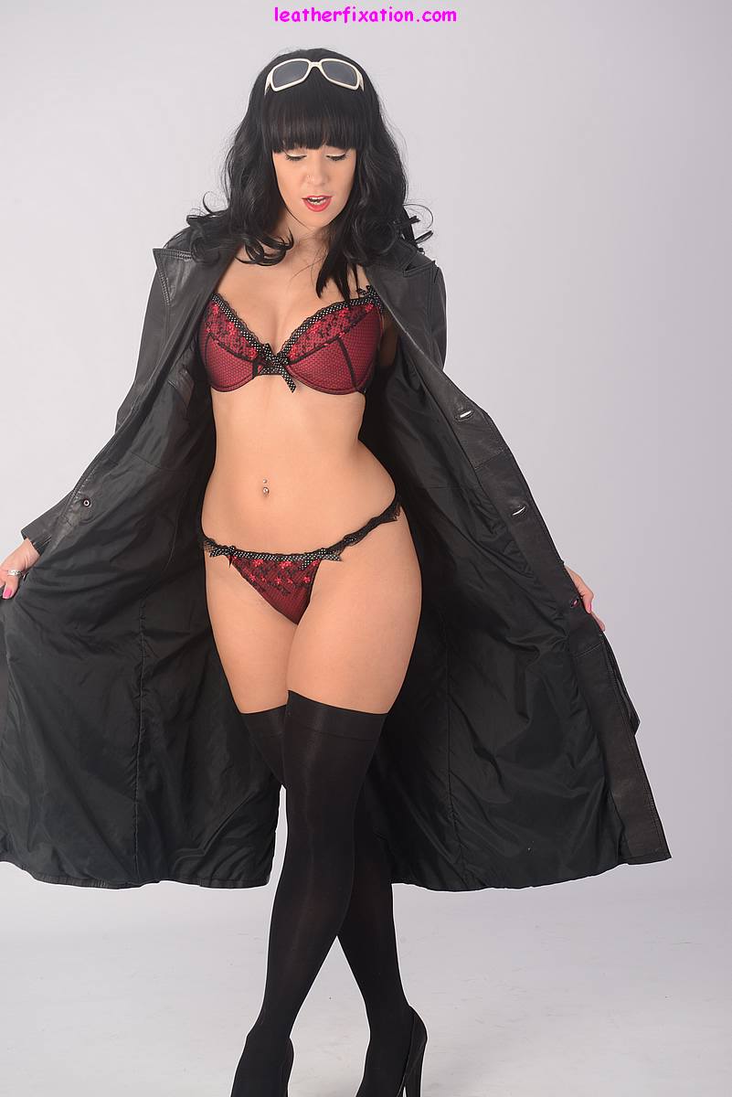 Sexy brunette Sammi Jo peels off a thong in a long coat and black thigh highs porn photo #426950624