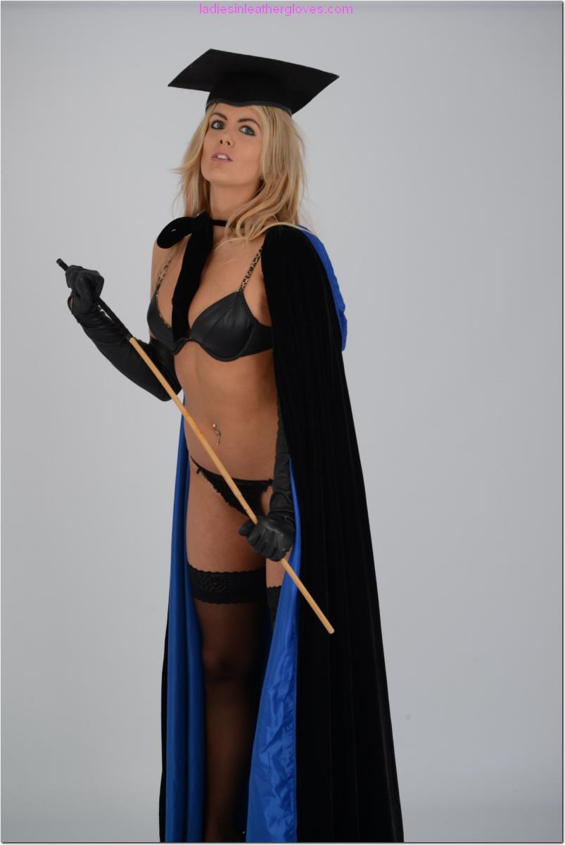 Sexy blonde Evee flexes a cane in a mortar board and leather pretties photo porno #426769065