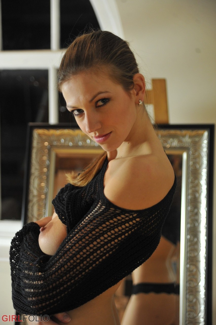 Beautiful solo model Eufrat bares her medium boobs in a mirror porn photo #425240721