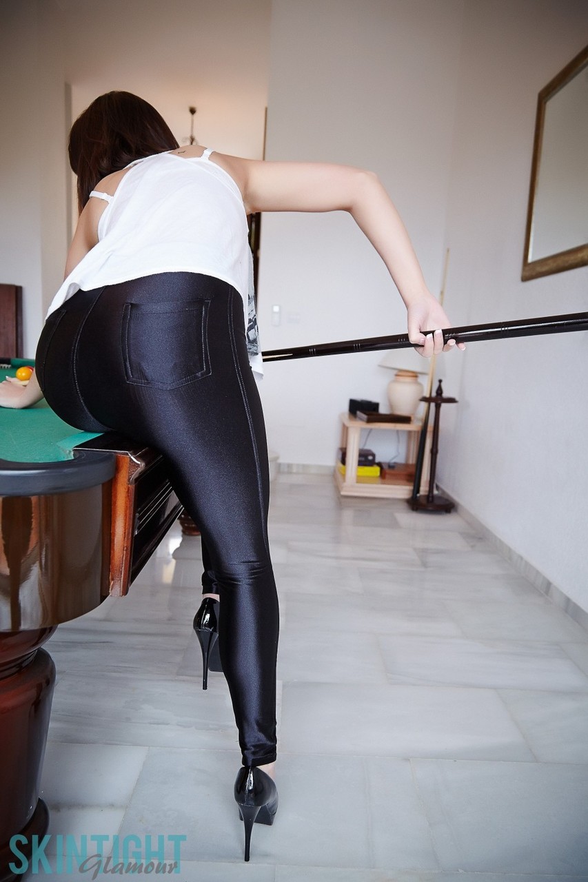 Hot girl Helen G goes topless on a pool table in skin tight pants foto porno #424252637