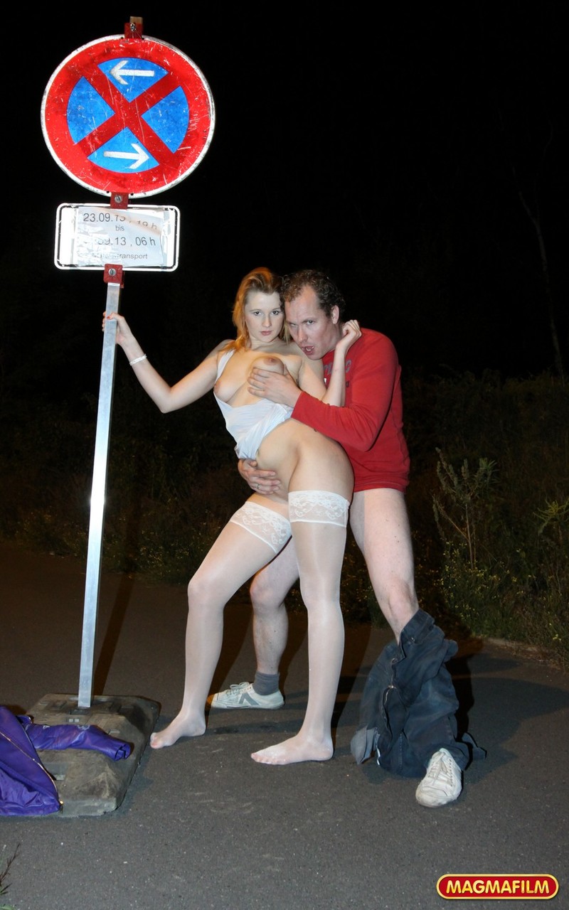 Slutty LaMia in white stockings topless sucks on her knees in the street photo porno #423055372