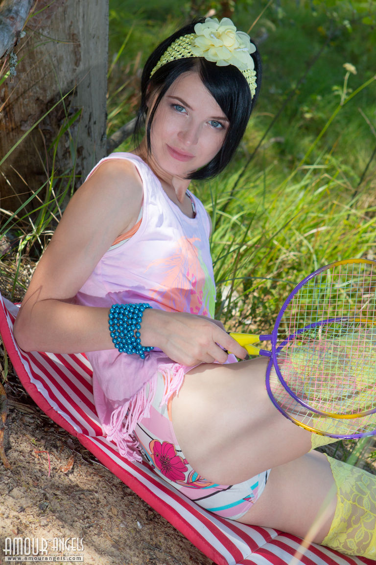 Dark haired teen girl lays down her badminton rackets and strips naked porno fotoğrafı #424649333