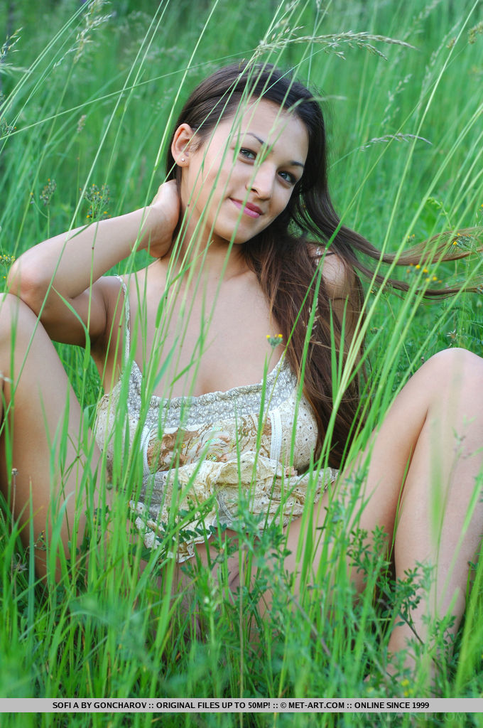 European glamour model Sofi A revealing perfect breasts in country field 色情照片 #425605818