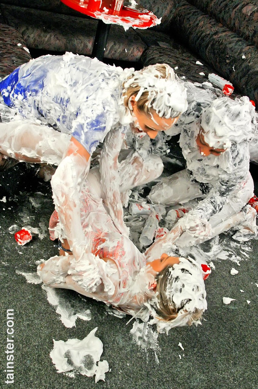 Three fully clothed lesbians completely cover each other in shaving cream foto porno #425849354
