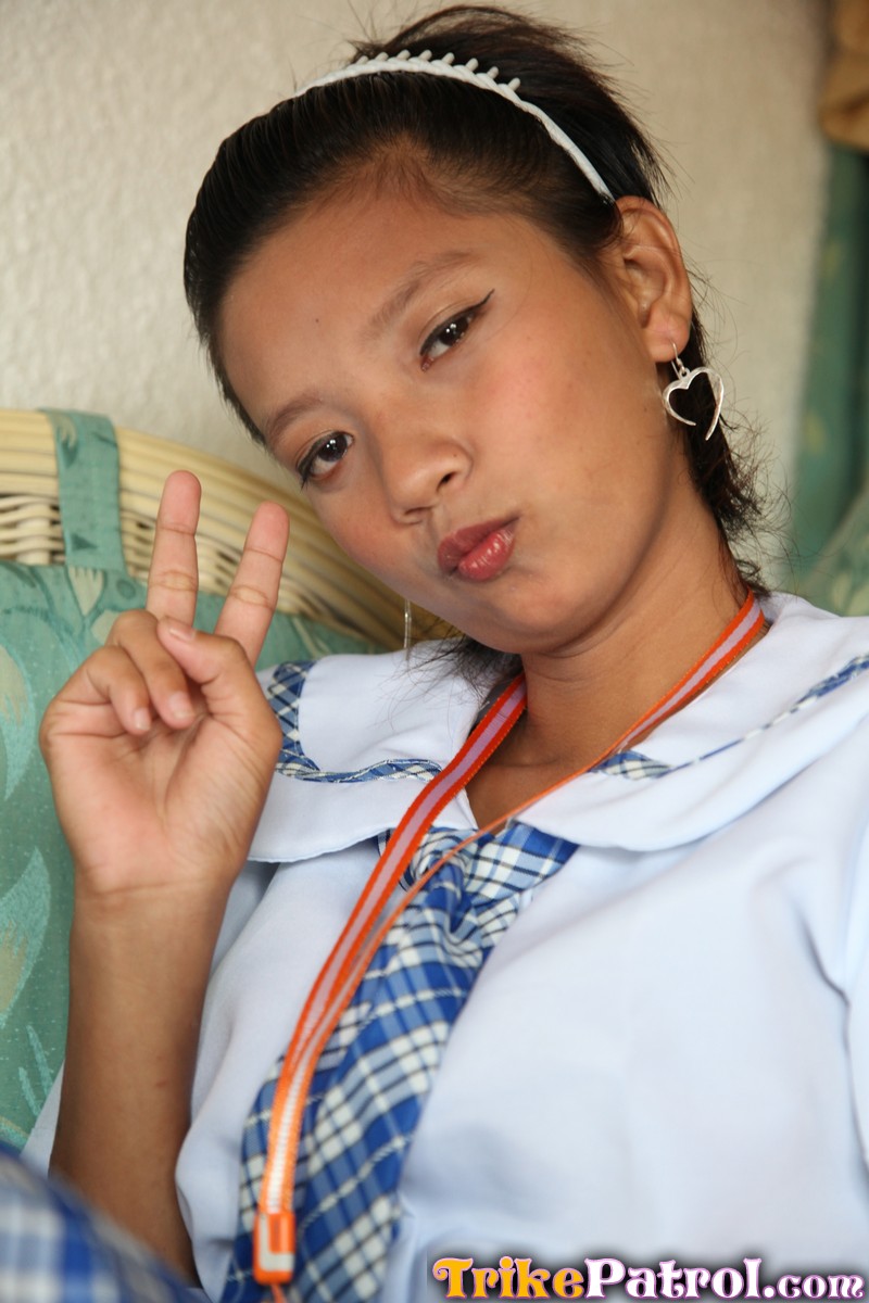 Adorable Asian schoolgirl Sally slides her cute panties aside to show her twat 포르노 사진 #424193780