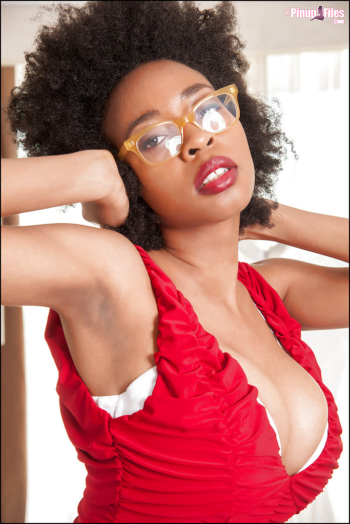 Ebony slut demonstrates her big tits in sexy glasses and red panties porn photo #423865259