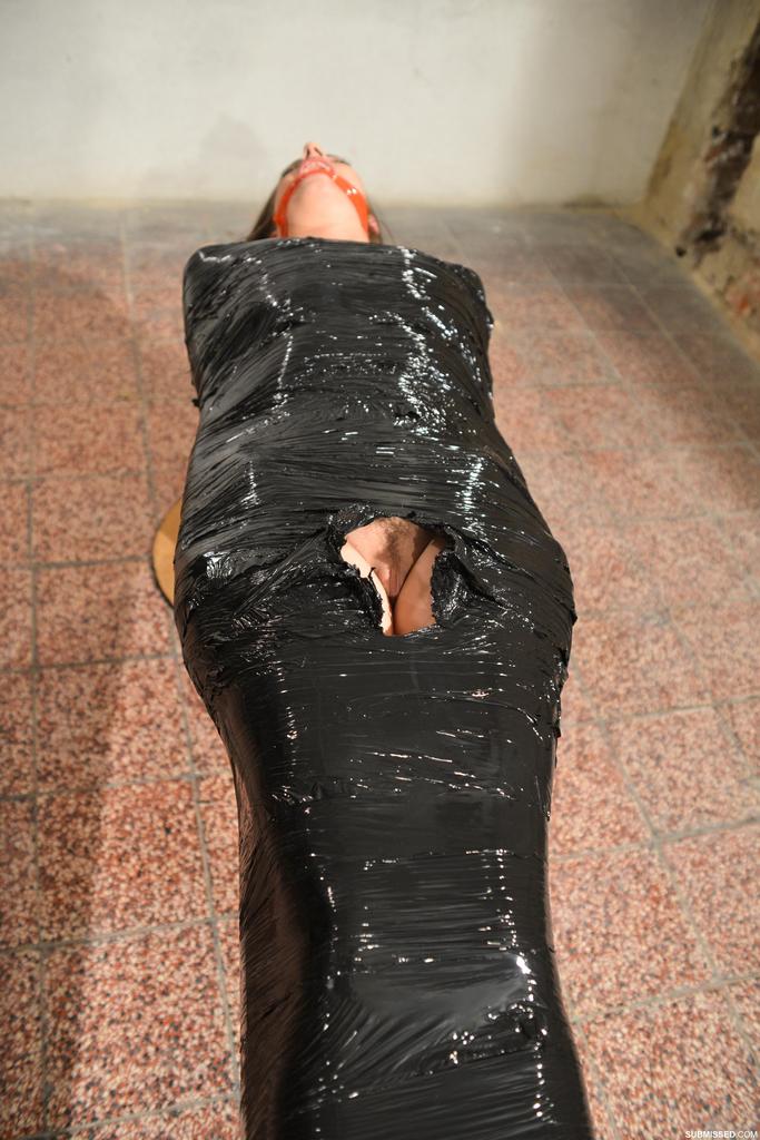 Naked female in high heeled shoes only is mummified in plastic and gagged 포르노 사진 #428028057