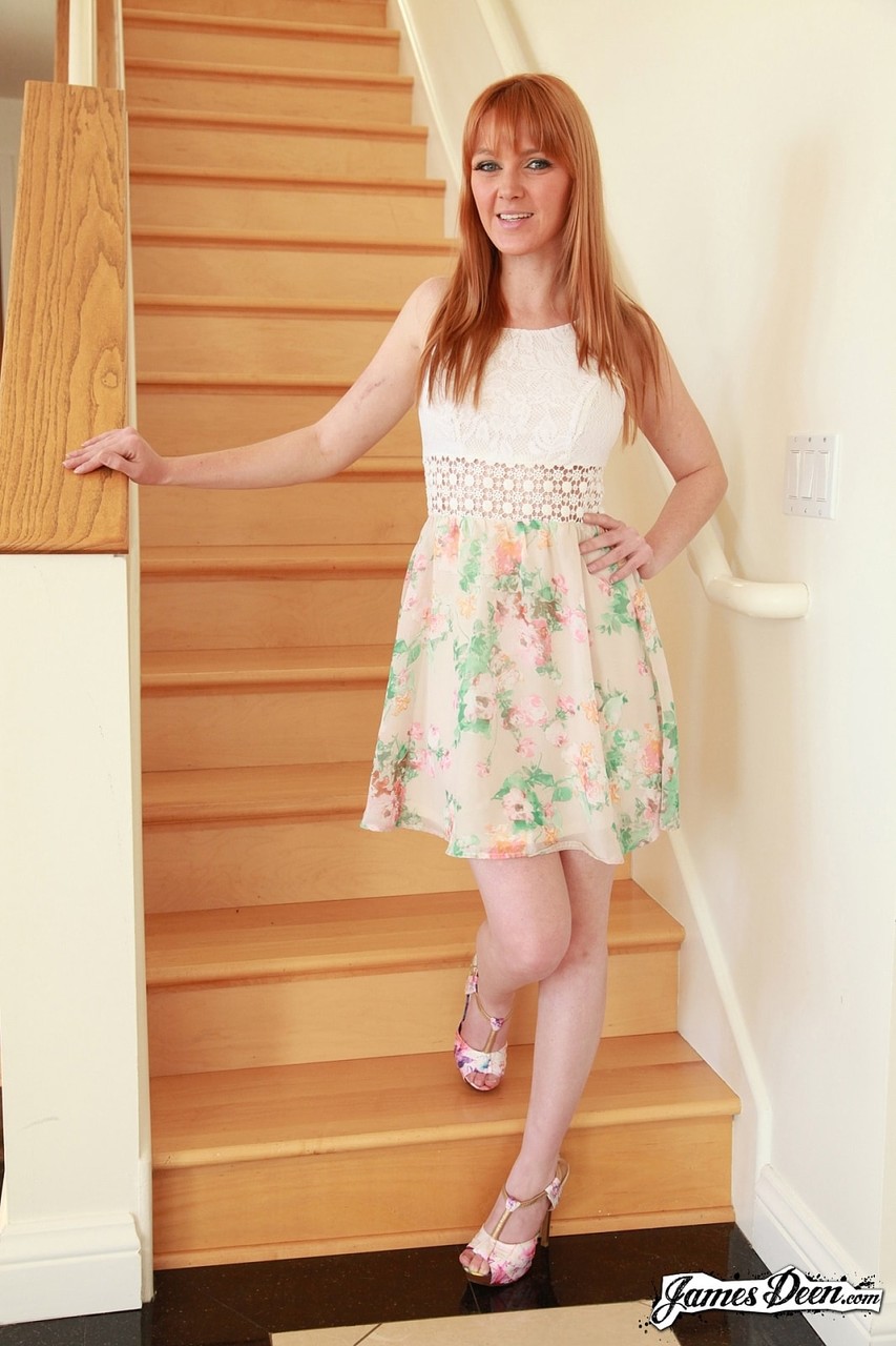 Ginger teen in yellow dress Marie McCray shows her cunt and ass on the stairs foto porno #428873422