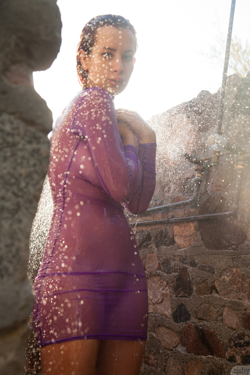 Busty Babe Orli Krowan Loses Her Sheer Purple Dress Outdoors Takes A Shower