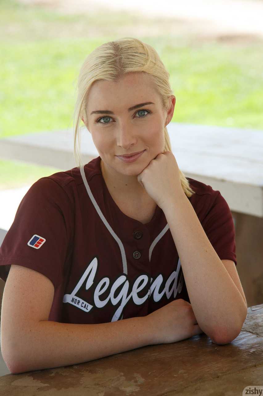 Sporty blonde Morgan Attwood flashing tiny tits & hot ass in a softball field porn photo #423420845